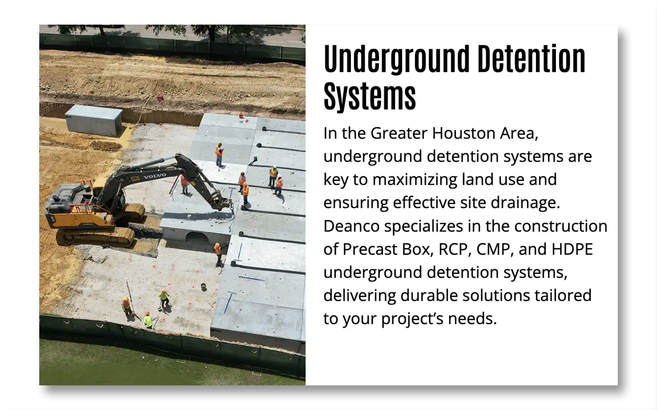 uds-small Underground Detention Systems - In the Greater Houston Area, underground detention systems are key to maximizing land use and ensuring effective site drainage. Deanco specializes in the construction of Precast Box, RCP, CMP, and HDPE underground detention systems, delivering durable solutions tailored to your project's needs.